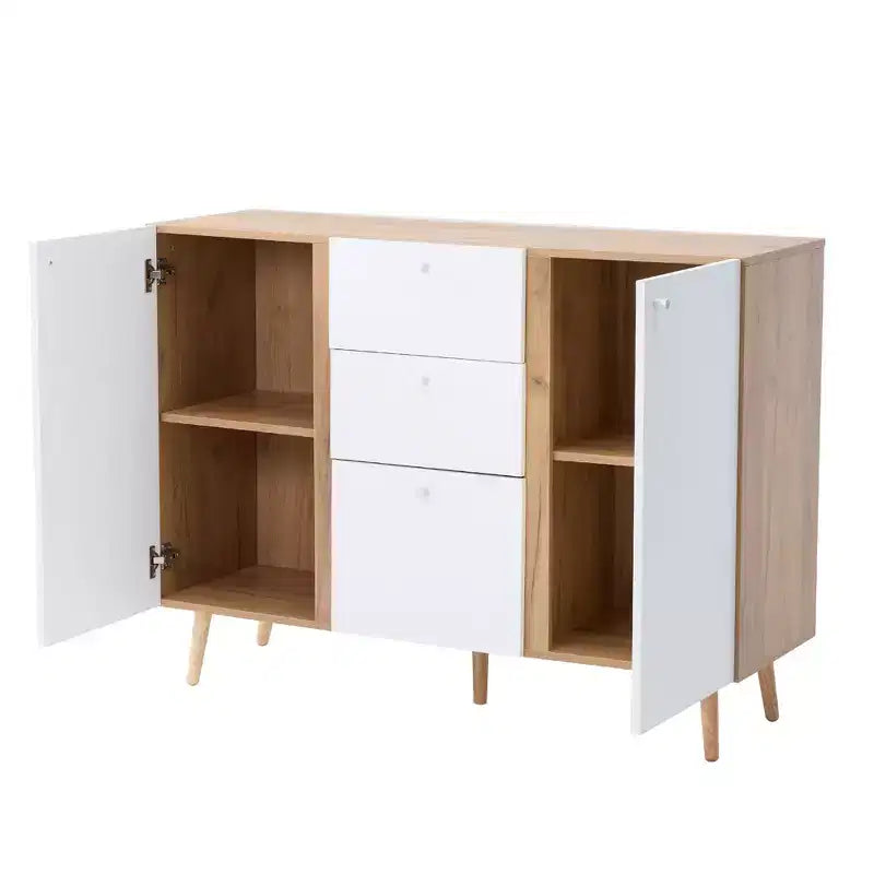 Homy Casa Mobile Contenitore 47 con 3 Cassetti e 2 Ante, Gambe in Legno, Quercia Bianca