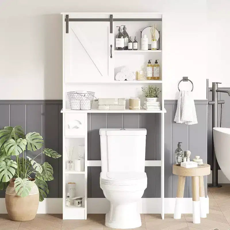 Mobiletto salvaspazio sopra il WC, Organizzatore per Bagno Bianco, Ripiani Regolabili, Design Salvaspazio per Bagni Piccoli