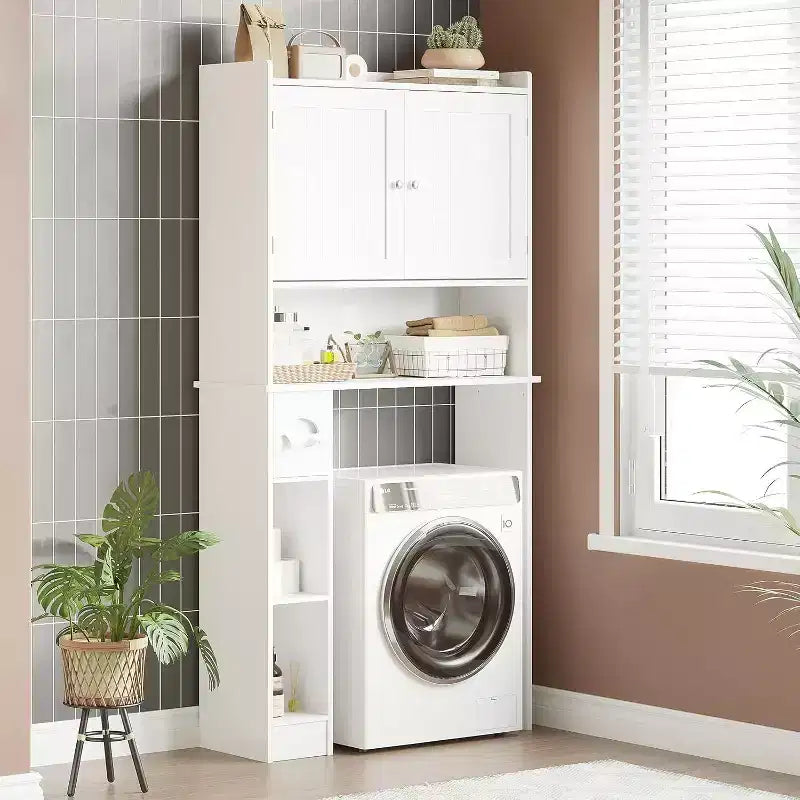 Mobiletto salvaspazio sopra il WC, Organizzatore per Bagno Bianco, Ripiani Regolabili, Design Salvaspazio per Bagni Piccoli