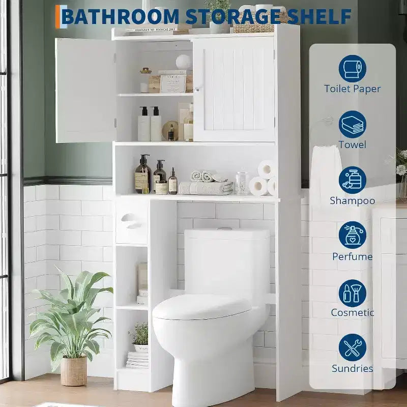 Mobiletto salvaspazio sopra il WC, Organizzatore per Bagno Bianco, Ripiani Regolabili, Design Salvaspazio per Bagni Piccoli