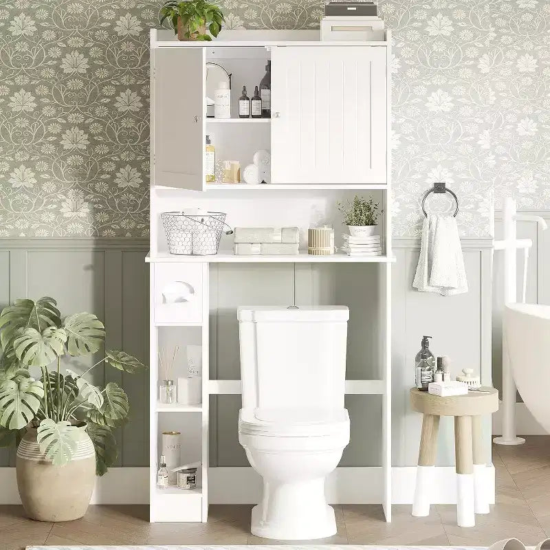 Mobiletto salvaspazio sopra il WC, Organizzatore per Bagno Bianco, Ripiani Regolabili, Design Salvaspazio per Bagni Piccoli