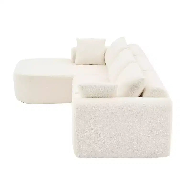 Divano letto imbottito in tessuto Dovelina Teddy a 3 posti, divano a L moderno e confortevole con morbidi cuscini