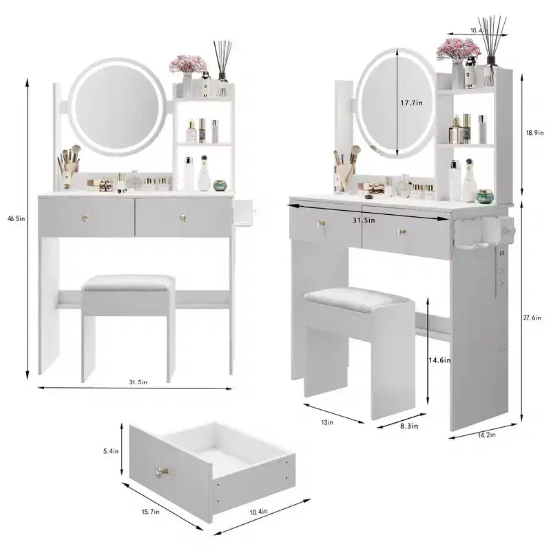 Okak Tavolo da toeletta moderno con specchio LED rotondo, piccola scrivania da trucco con sgabello imbottito, set tavolo da trucco per camere da letto