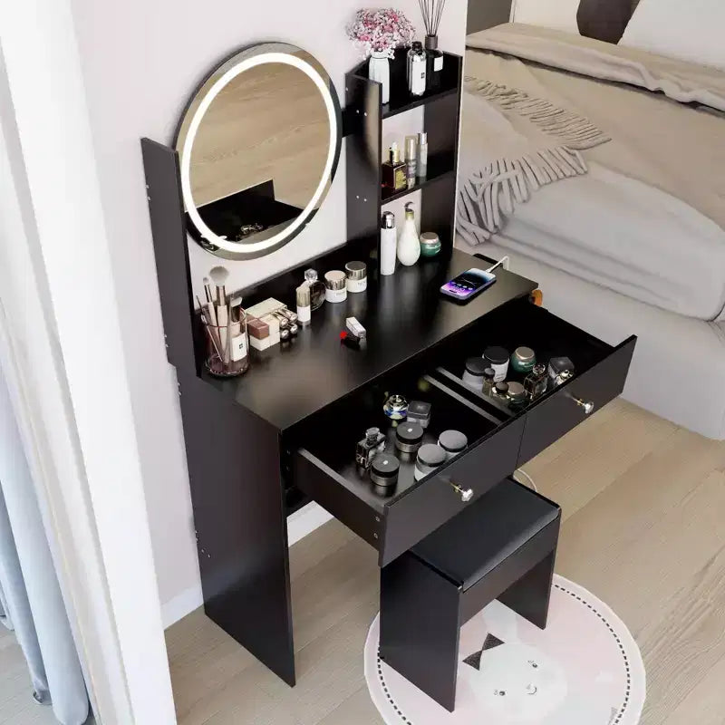 Okak Tavolo da toeletta moderno con specchio LED rotondo, piccola scrivania da trucco con sgabello imbottito, set tavolo da trucco per camere da letto