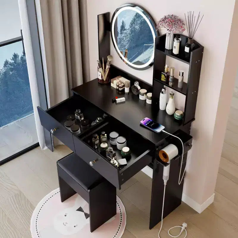 Okak Tavolo da toeletta moderno con specchio LED rotondo, piccola scrivania da trucco con sgabello imbottito, set tavolo da trucco per camere da letto
