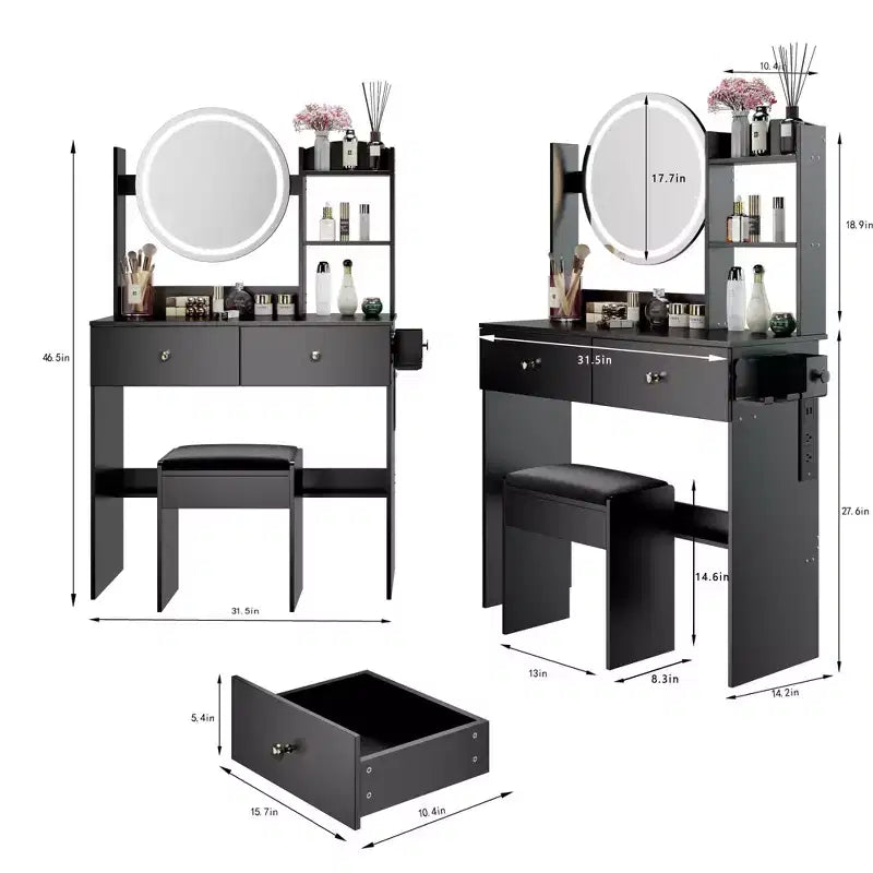Okak Tavolo da toeletta moderno con specchio LED rotondo, piccola scrivania da trucco con sgabello imbottito, set tavolo da trucco per camere da letto