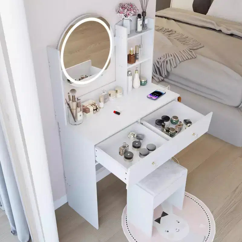 Okak Tavolo da toeletta moderno con specchio LED rotondo, piccola scrivania da trucco con sgabello imbottito, set tavolo da trucco per camere da letto