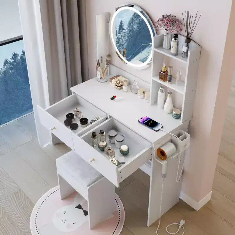 Okak Tavolo da toeletta moderno con specchio LED rotondo, piccola scrivania da trucco con sgabello imbottito, set tavolo da trucco per camere da letto