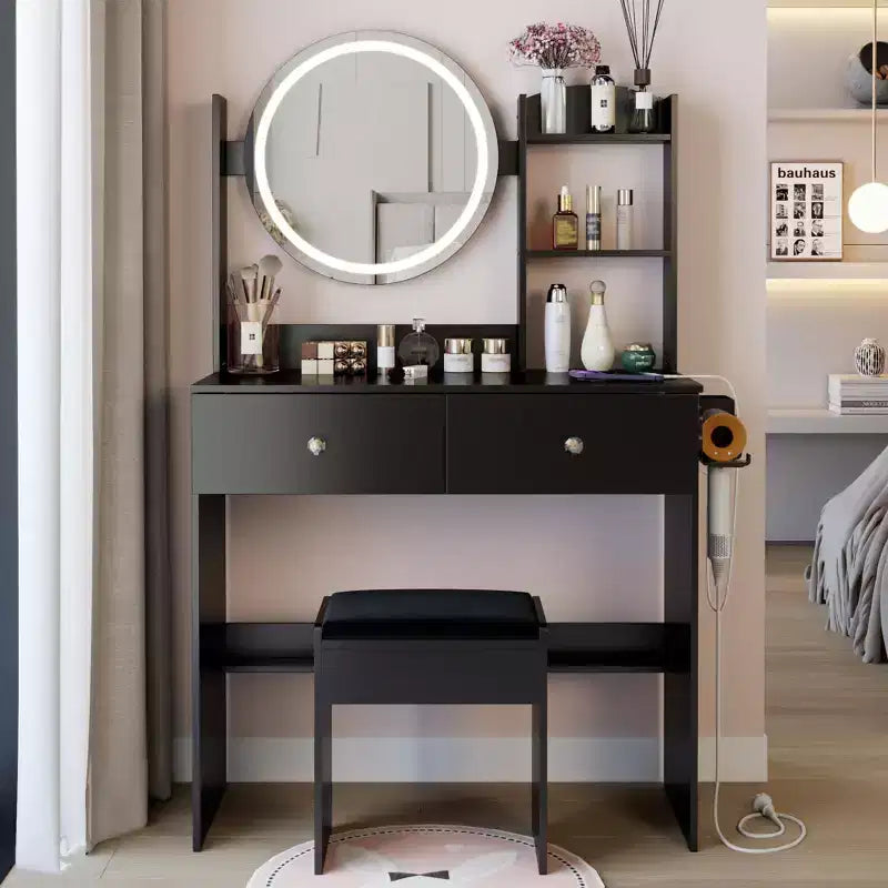 Okak Modern Storage Vanity Table with Round LED Mirror,Small Dressing Desk with Cushioned Stool,Makeup Table Set for Bedrooms