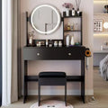Okak Modern Storage Vanity Table with Round LED Mirror,Small Dressing Desk with Cushioned Stool,Makeup Table Set for Bedrooms
