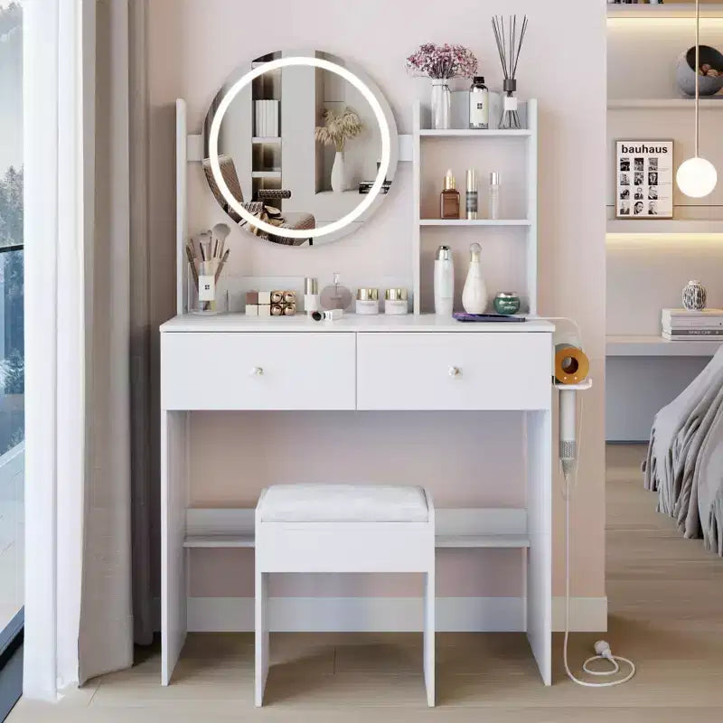 Okak Tavolo da toeletta moderno con specchio LED rotondo, piccola scrivania da trucco con sgabello imbottito, set tavolo da trucco per camere da letto