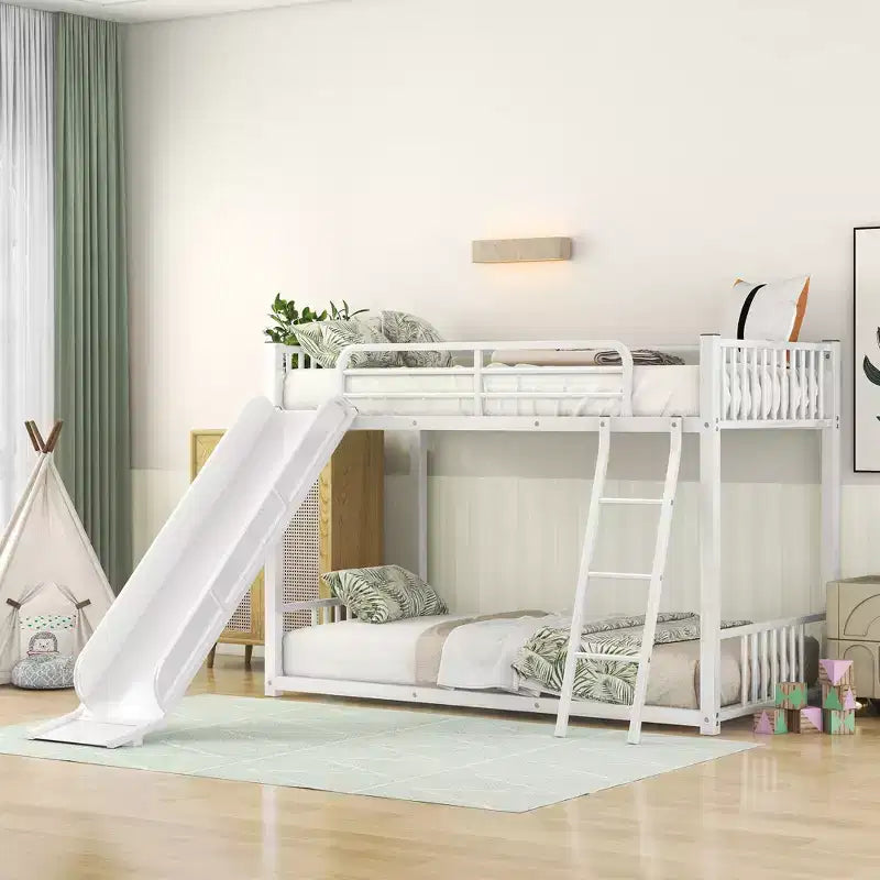 Letto a castello in metallo con scivolo, letto a castello con scivolo Twin su Twin per bambini, ragazzi e adulti