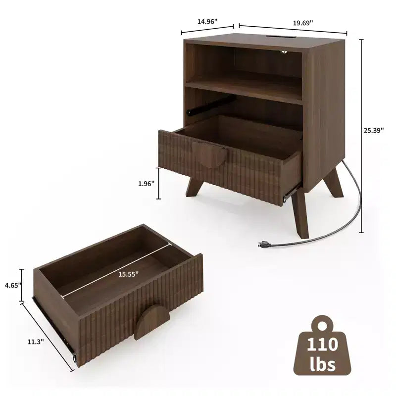 Comodino Moderno 1/2 Pezzi, Tavolino con Scanalature con 2 Cassetti e Ripiano Aperto, Comodino in Legno, Tavolino da Divano per Soggiorno Camera da Letto Divano
