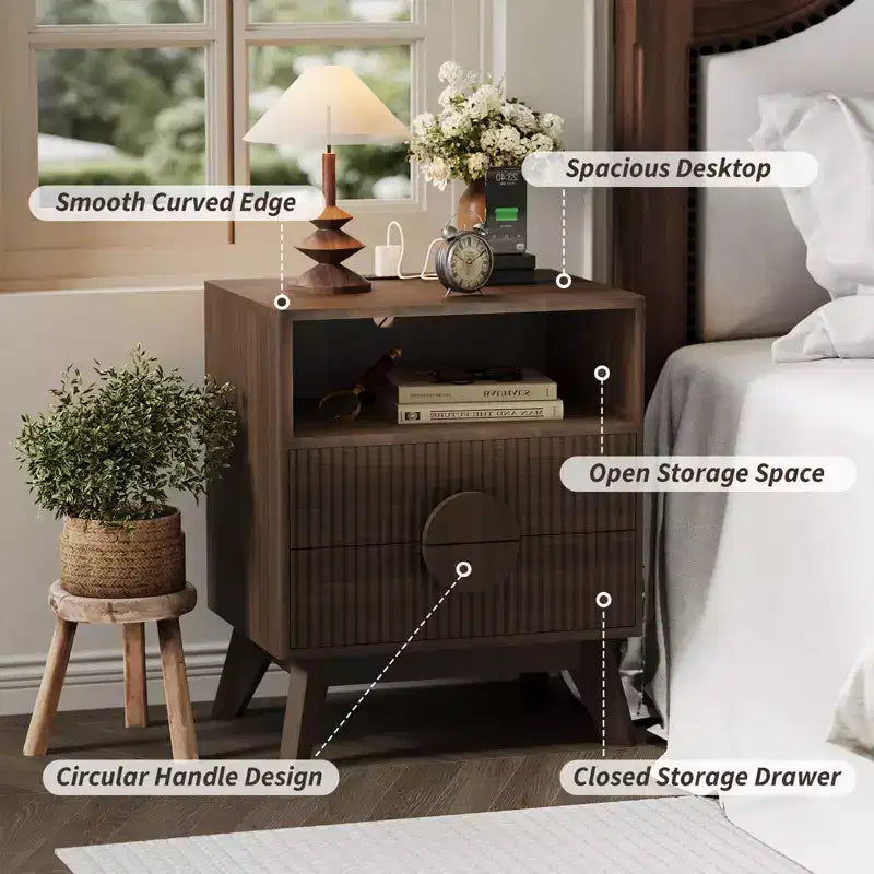 Comodino Moderno 1/2 Pezzi, Tavolino con Scanalature con 2 Cassetti e Ripiano Aperto, Comodino in Legno, Tavolino da Divano per Soggiorno Camera da Letto Divano