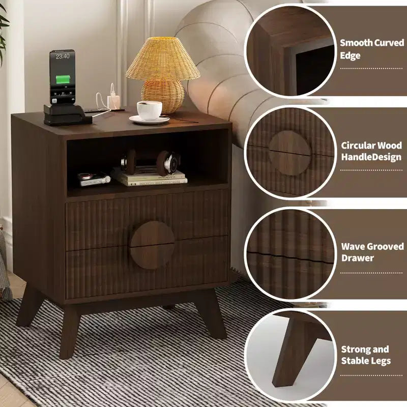Comodino Moderno 1/2 Pezzi, Tavolino con Scanalature con 2 Cassetti e Ripiano Aperto, Comodino in Legno, Tavolino da Divano per Soggiorno Camera da Letto Divano