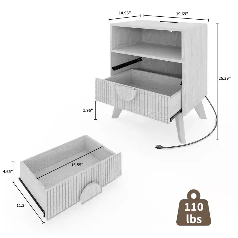 Comodino Moderno 1/2 Pezzi, Tavolino con Scanalature con 2 Cassetti e Ripiano Aperto, Comodino in Legno, Tavolino da Divano per Soggiorno Camera da Letto Divano