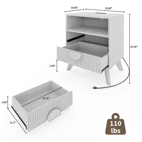 Comodino Moderno 1/2 Pezzi, Tavolino con Scanalature con 2 Cassetti e Ripiano Aperto, Comodino in Legno, Tavolino da Divano per Soggiorno Camera da Letto Divano