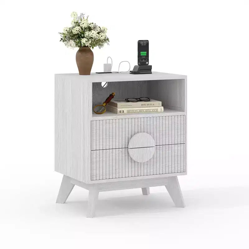 Comodino Moderno 1/2 Pezzi, Tavolino con Scanalature con 2 Cassetti e Ripiano Aperto, Comodino in Legno, Tavolino da Divano per Soggiorno Camera da Letto Divano