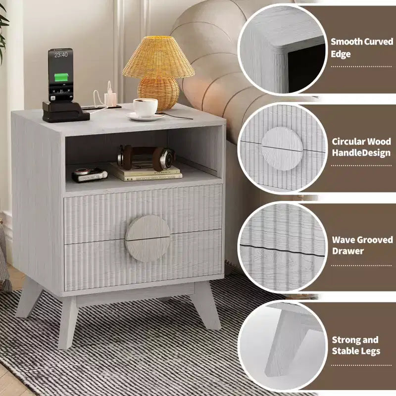 Comodino Moderno 1/2 Pezzi, Tavolino con Scanalature con 2 Cassetti e Ripiano Aperto, Comodino in Legno, Tavolino da Divano per Soggiorno Camera da Letto Divano