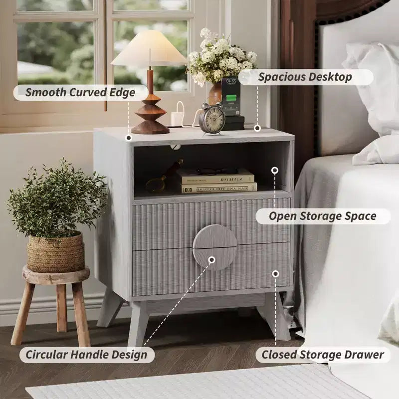 Comodino Moderno 1/2 Pezzi, Tavolino con Scanalature con 2 Cassetti e Ripiano Aperto, Comodino in Legno, Tavolino da Divano per Soggiorno Camera da Letto Divano