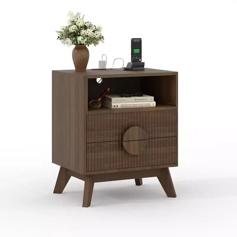 Comodino Moderno 1/2 Pezzi, Tavolino con Scanalature con 2 Cassetti e Ripiano Aperto, Comodino in Legno, Tavolino da Divano per Soggiorno Camera da Letto Divano