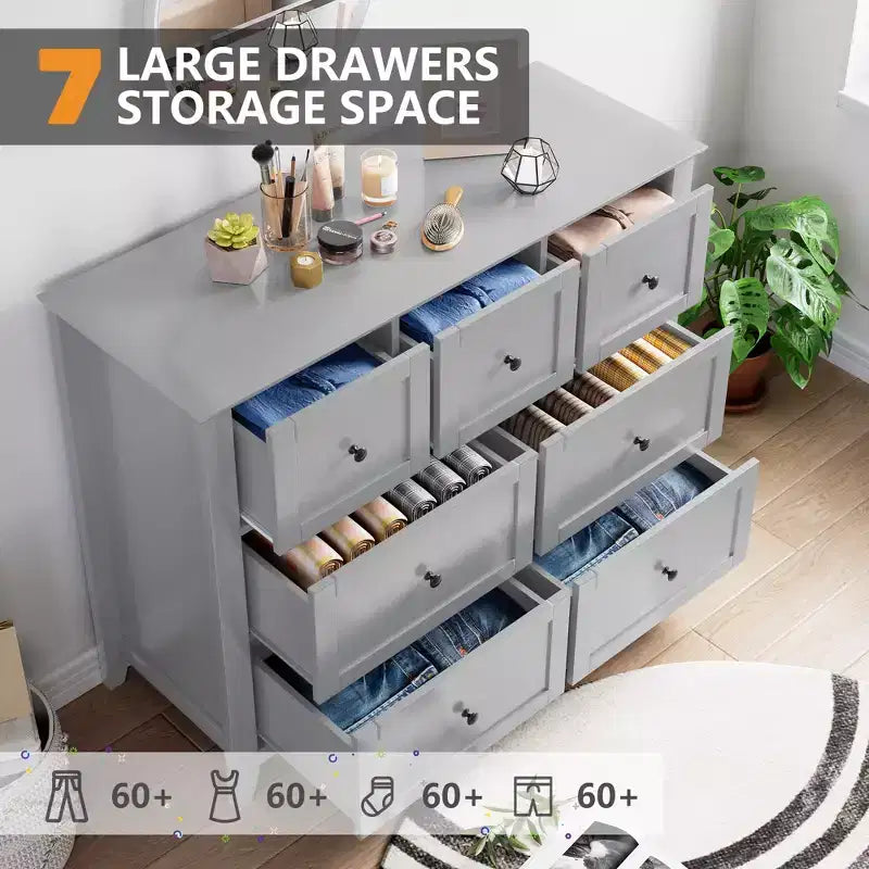 Mobile contenitore in legno con cassettiera, Comò a 7 cassetti, per ingresso soggiorno camera da letto, Grigio