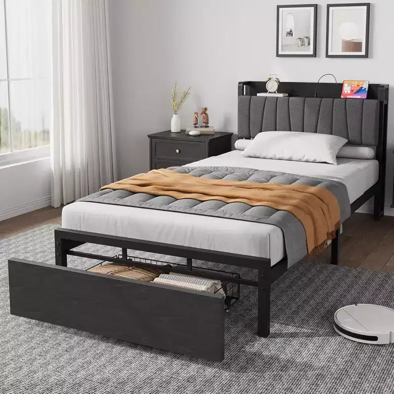 Twin Size Bed Frame with Storage Headboard, Black Twin Platform Bed with Large Drawer and Charging Station, Industrial No Box Spring Needed Bedframe