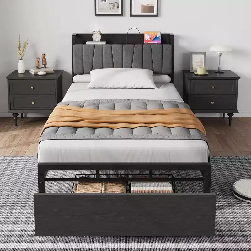 Struttura Letto Singolo con Testiera Contenitore, Letto a Piattaforma Singolo Nero con Ampio Cassetto e Stazione di Ricarica, Struttura Letto Industriale Senza Necessità di Rete a Molle