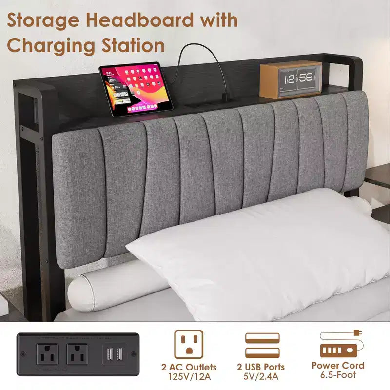 Struttura Letto Singolo con Testiera Contenitore, Letto a Piattaforma Singolo Nero con Ampio Cassetto e Stazione di Ricarica, Struttura Letto Industriale Senza Necessità di Rete a Molle