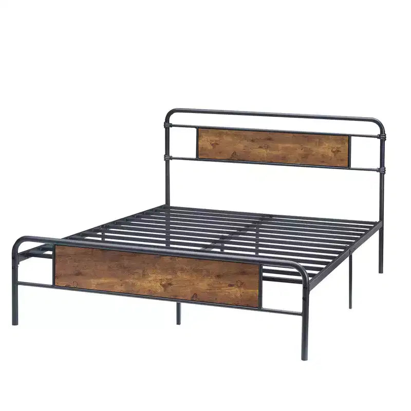 Telaio Letto Matrimoniale con Testiera in Legno Vintage, Robuste Doghe in Metallo, Nessuna Rete a Molle, Contenitore Sottoposto, Facile Montaggio