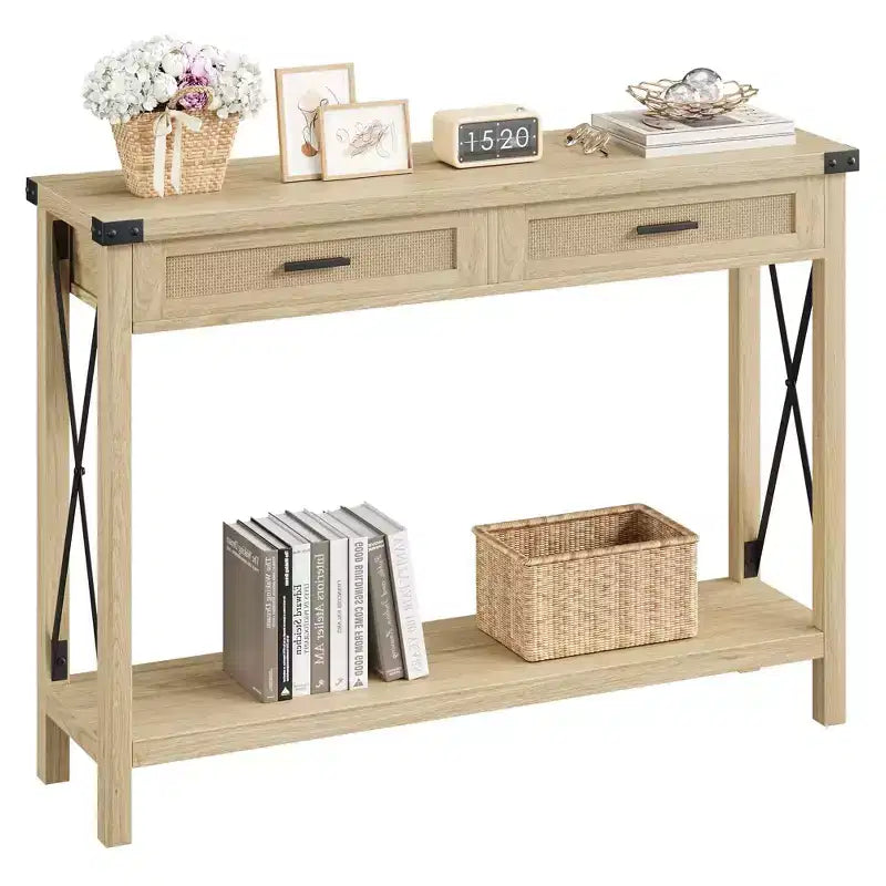 43 Farmhouse Console Table  Rattan Drawers & Metal Frame Sofa Table for Living Room/Entryway/Bedroom