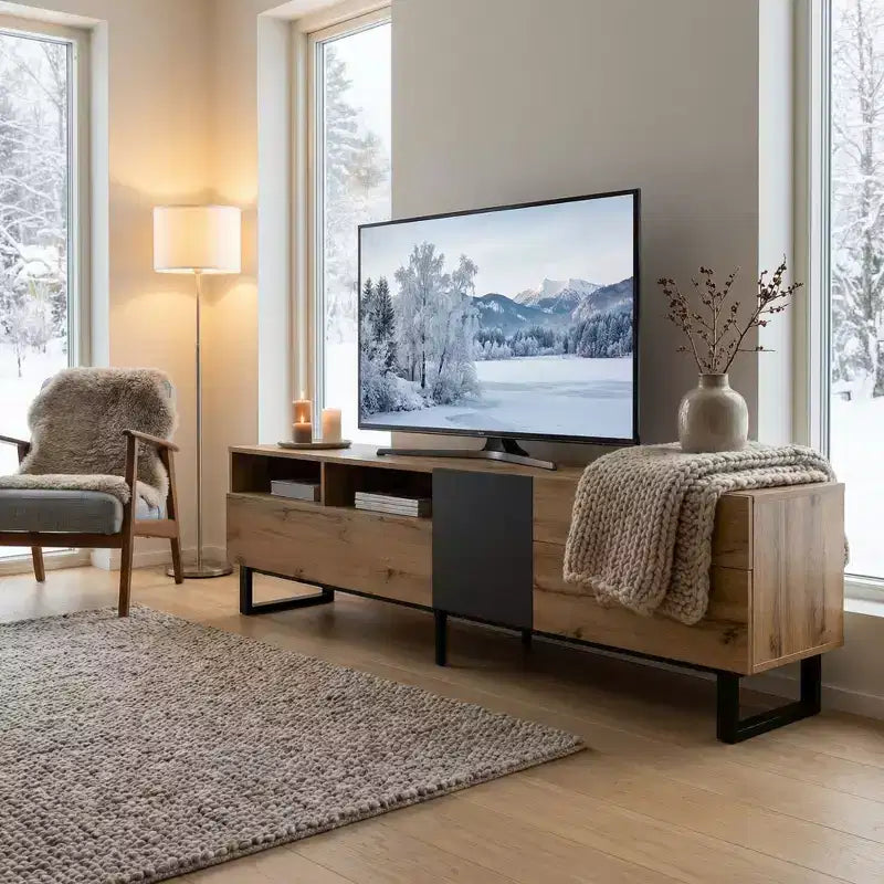 Mobile TV da 70.90 pollici JVNOXK, Centro Intrattenimento Moderno, adatto a TV fino a 80 pollici, con doppi scomparti contenitori su due livelli, in legno