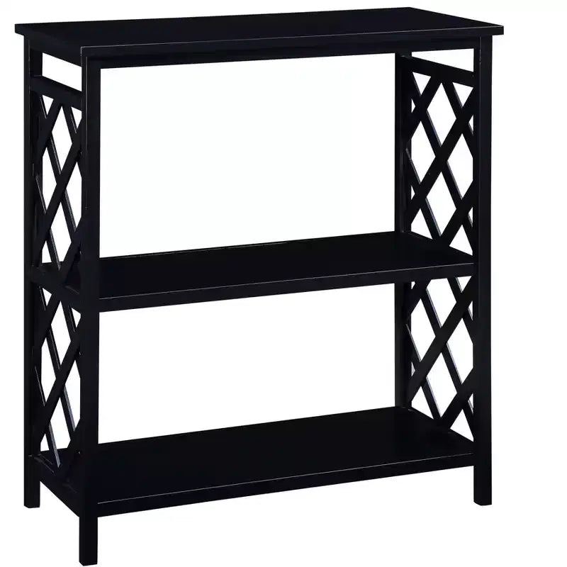 Tavolino console moderno Okak con 3 ripiani aperti, tavolo da ingresso con gambe in legno massello, tavolo d'accento per soggiorno, nero