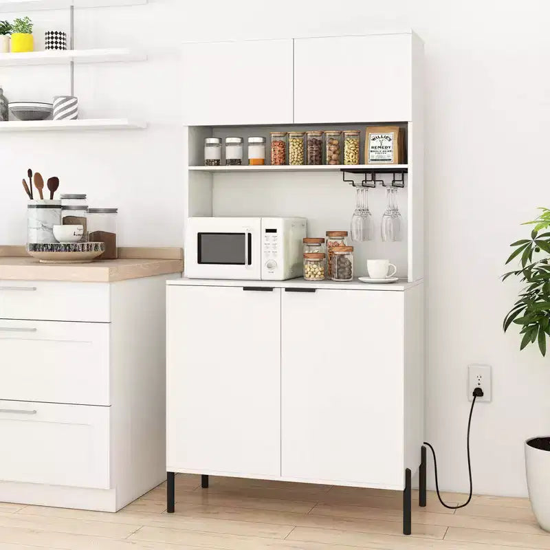 Costway Dispensa da Cucina 64,5 con Stazione di Ricarica Portabicchieri da Vino Scaffale Regolabile Nero/Bianco