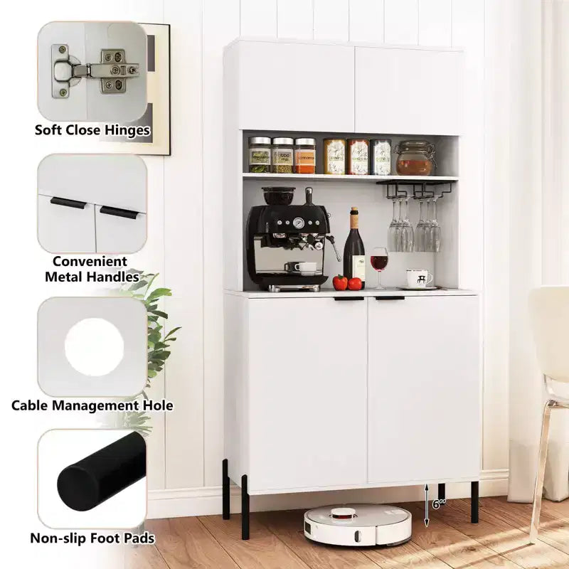 Costway Dispensa da Cucina 64,5 con Stazione di Ricarica Portabicchieri da Vino Scaffale Regolabile Nero/Bianco