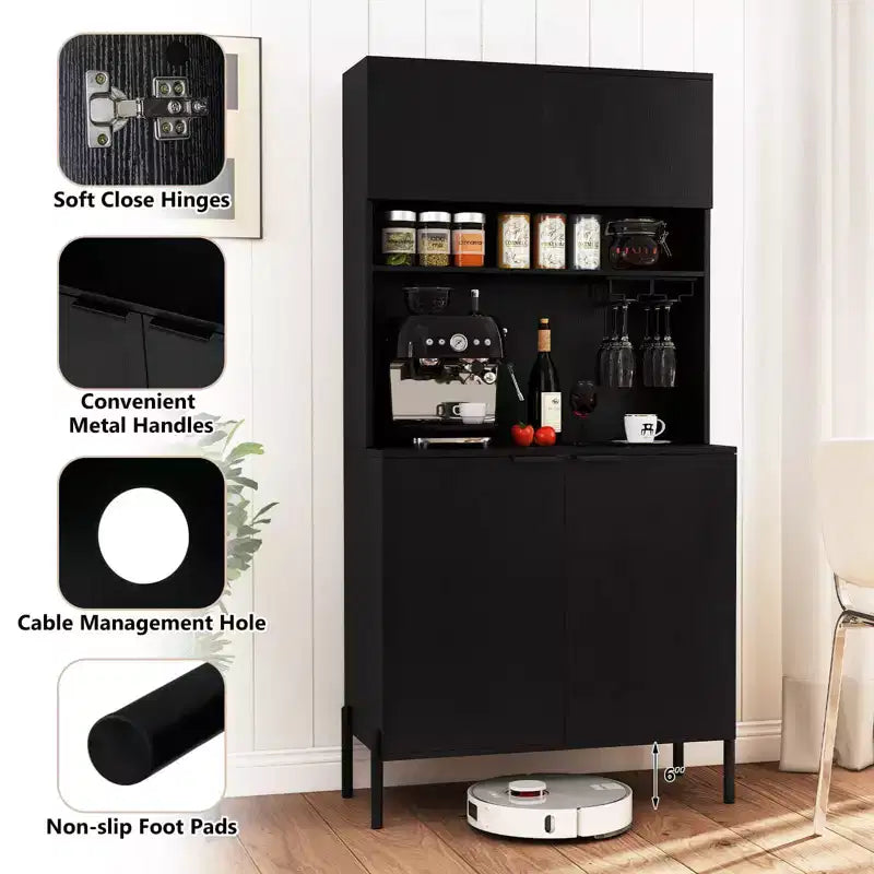 Costway Dispensa da Cucina 64,5 con Stazione di Ricarica Portabicchieri da Vino Scaffale Regolabile Nero/Bianco