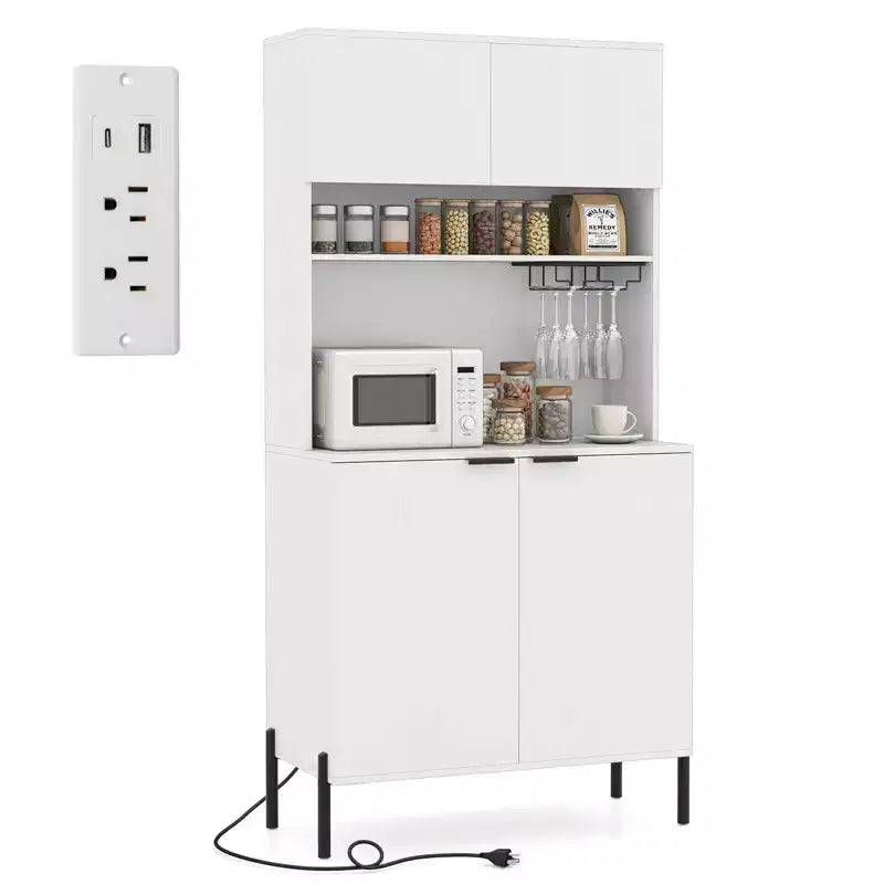 Costway Dispensa da Cucina 64,5 con Stazione di Ricarica Portabicchieri da Vino Scaffale Regolabile Nero/Bianco
