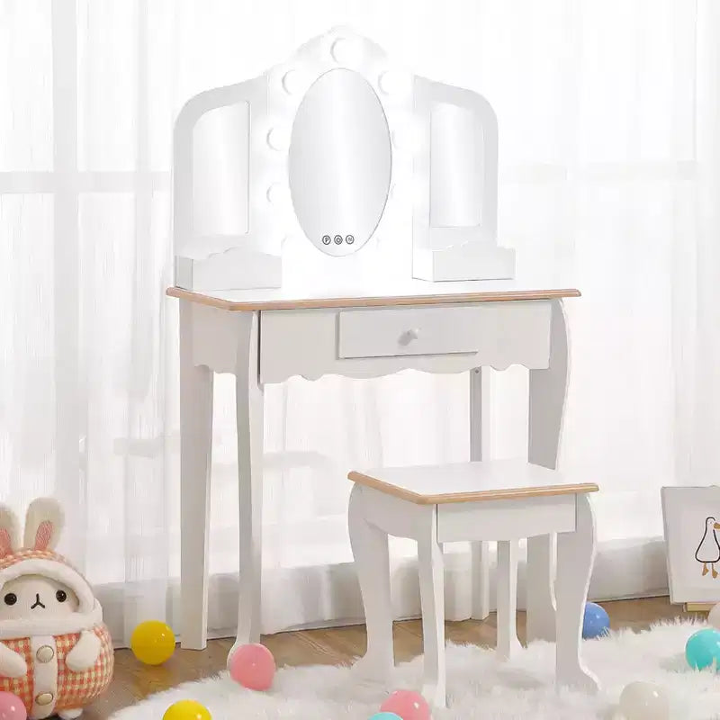 Toeletta per bambini con 3 specchi e sgabello, toeletta per bambine con set di giocattoli per il trucco in legno, tavolino da toeletta da principessa per i più piccoli
