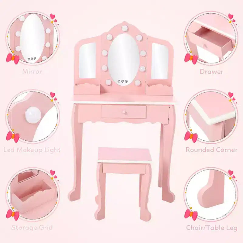 Toeletta per bambini con 3 specchi e sgabello, toeletta per bambine con set di giocattoli per il trucco in legno, tavolino da toeletta da principessa per i più piccoli
