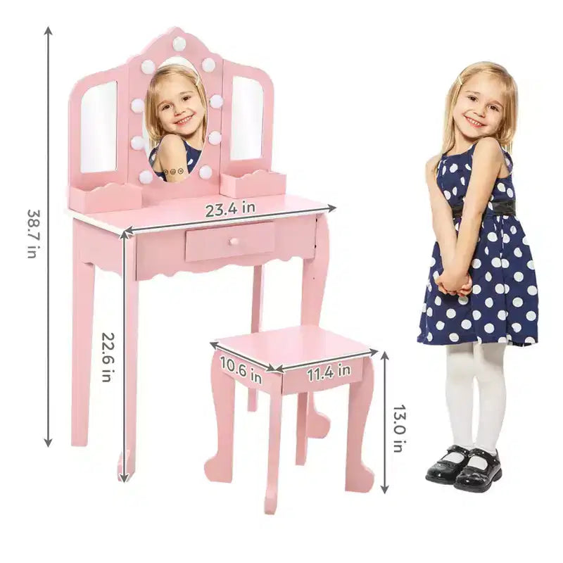 Toeletta per bambini con 3 specchi e sgabello, toeletta per bambine con set di giocattoli per il trucco in legno, tavolino da toeletta da principessa per i più piccoli
