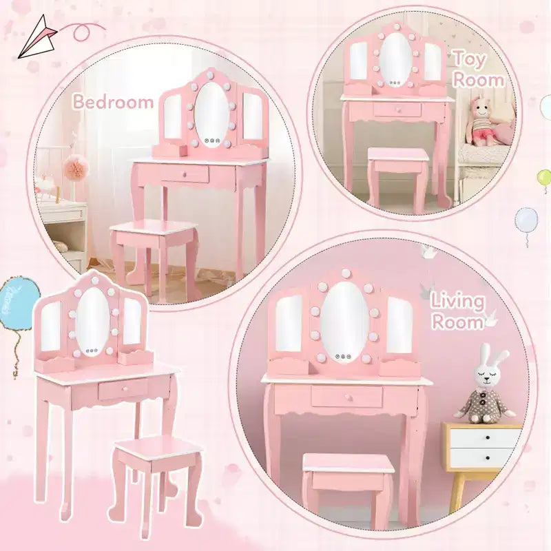 Toeletta per bambini con 3 specchi e sgabello, toeletta per bambine con set di giocattoli per il trucco in legno, tavolino da toeletta da principessa per i più piccoli