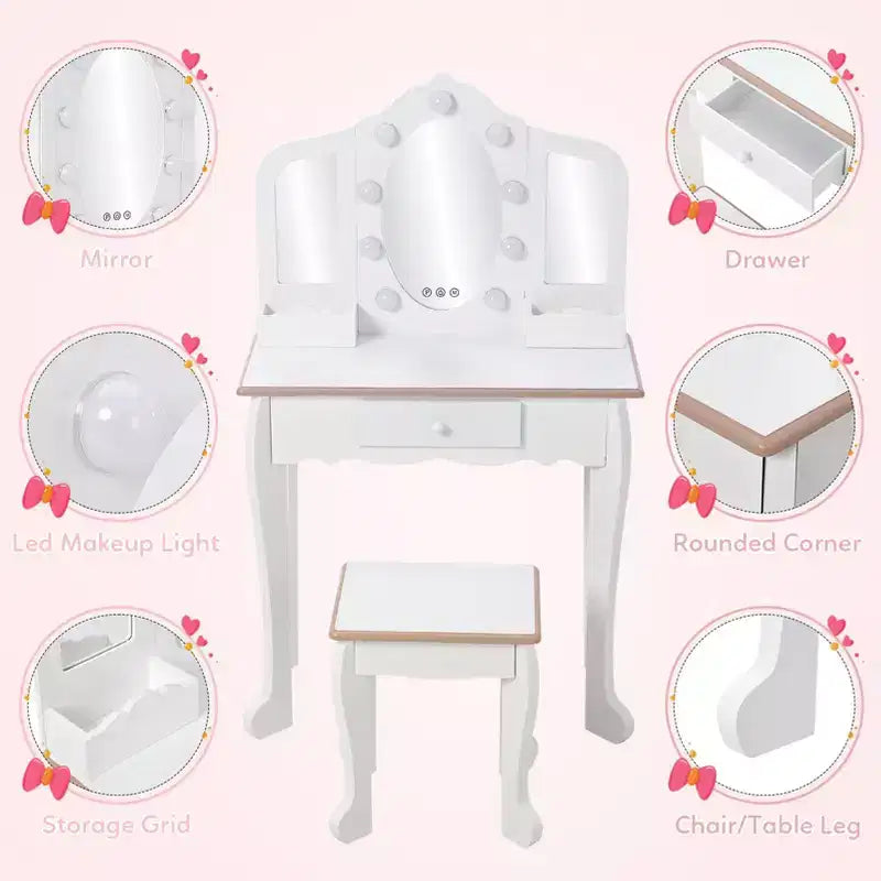 Toeletta per bambini con 3 specchi e sgabello, toeletta per bambine con set di giocattoli per il trucco in legno, tavolino da toeletta da principessa per i più piccoli