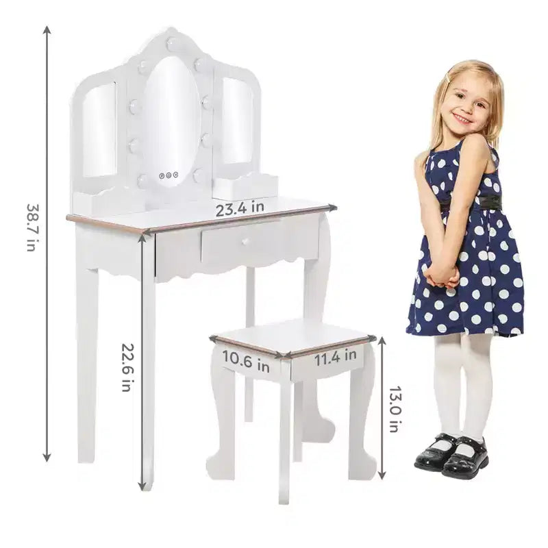 Toeletta per bambini con 3 specchi e sgabello, toeletta per bambine con set di giocattoli per il trucco in legno, tavolino da toeletta da principessa per i più piccoli
