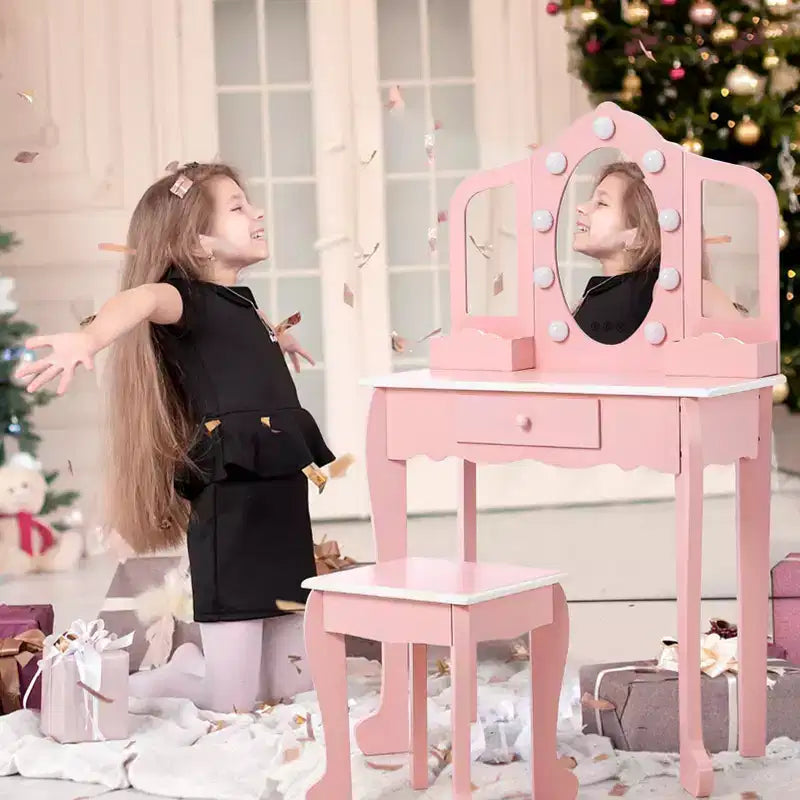 Kids Vanity with 3 Mirrors and Stool, Girls Vanity with Wood Makeup Playset, Princess Vanity Table for Toddlers