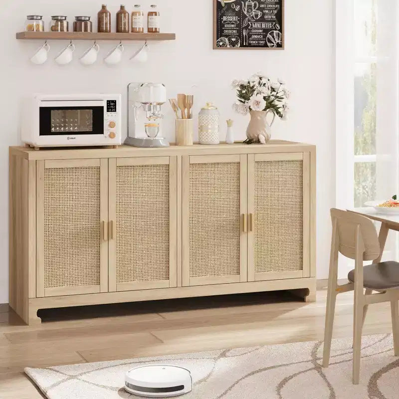 Mobile contenitore con 4 ante e ripiano, finiture in rattan, per sala da pranzo, cucina, soggiorno