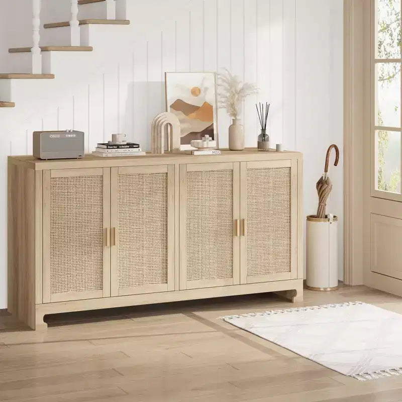 Mobile contenitore con 4 ante e ripiano, finiture in rattan, per sala da pranzo, cucina, soggiorno