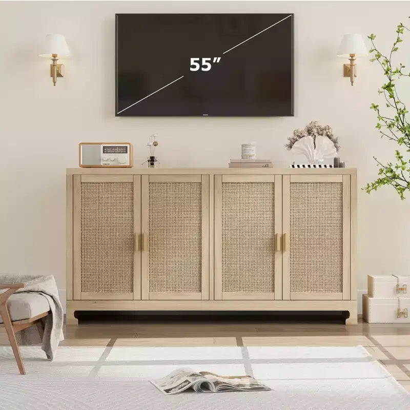 Mobile contenitore con 4 ante e ripiano, finiture in rattan, per sala da pranzo, cucina, soggiorno