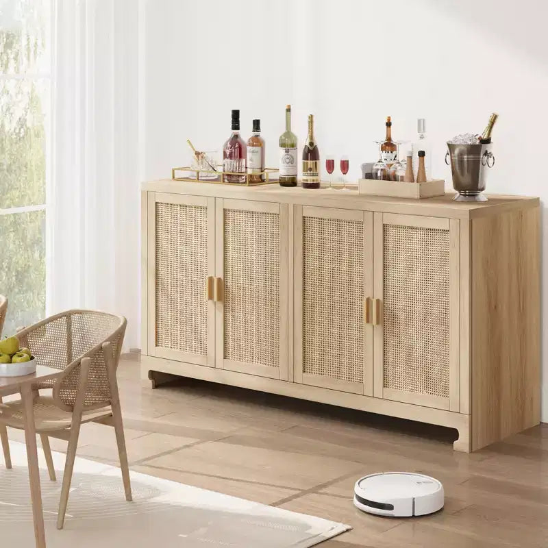 Mobile contenitore con 4 ante e ripiano, finiture in rattan, per sala da pranzo, cucina, soggiorno