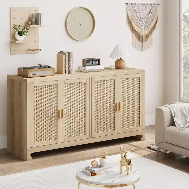 Mobile contenitore con 4 ante e ripiano, finiture in rattan, per sala da pranzo, cucina, soggiorno