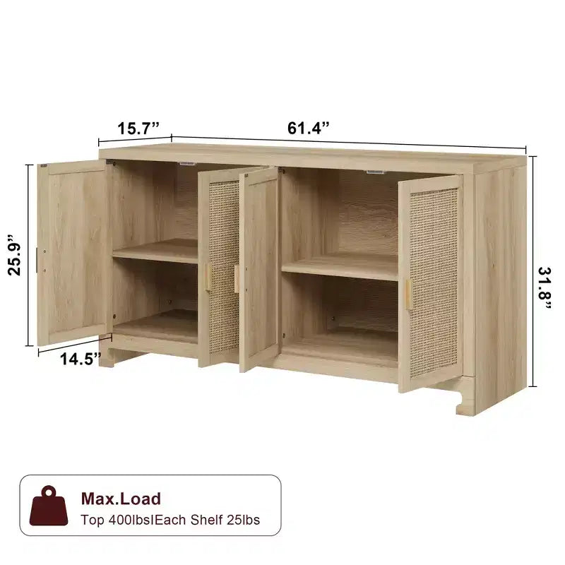 Mobile contenitore con 4 ante e ripiano, finiture in rattan, per sala da pranzo, cucina, soggiorno